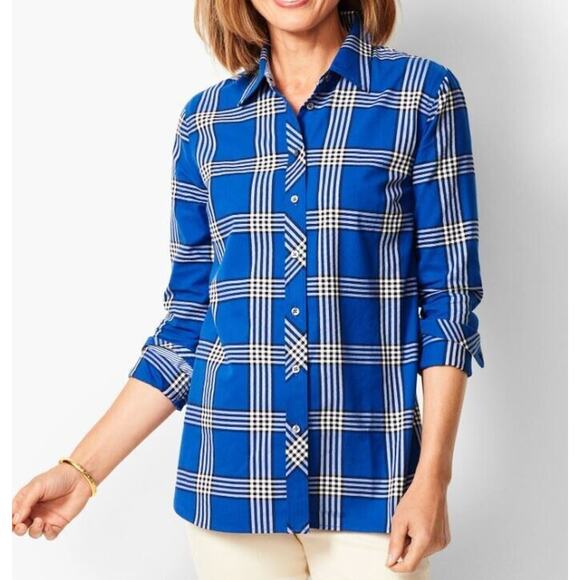 Talbots Size Medium Blue Classic Cotton Checker Plaid Print Button Down Top NEW - Picture 2 of 6